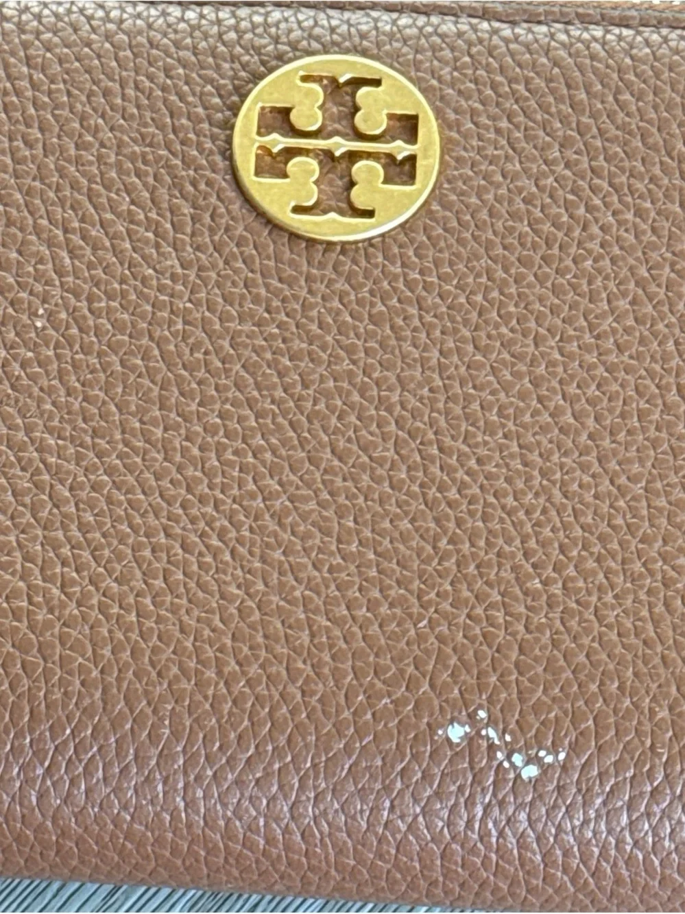 Tory Burch Tan Pebbled Leather Zip Wristlet with Gold Logo